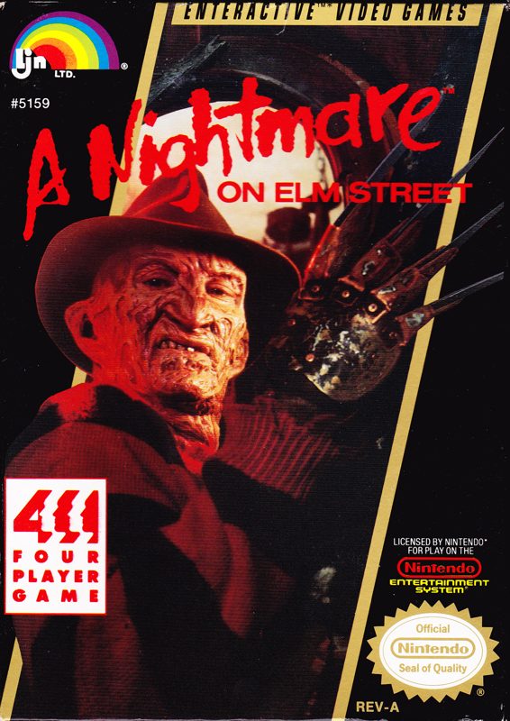 The box art for Nightmare on Elm Street on Nintendo Entertainment System features an ominous, surreal landscape with a starry night sky and dead trees in silhouette. In the foreground, protagonist Will walks down a cobblestone path toward a looming mansion, the destination of his final confrontation with Freddy Krueger. Will clutches a cross in one hand and coffee mug in the other as his only defenses against the razor glove-wielding killer, emphasizing the game's focus on evading attacks over direct combat. The logo dominates the top, with familiar franchise icons like Freddy's fedora and bladed glove. The art establishes the game's tone of helpless vulnerability against a slasher icon within the dangerous landscape of nightmares, much like navigating the levels. A striking relic of 80's horror gaming box art and Freddy's reign at the peak of his mainstream popularity.