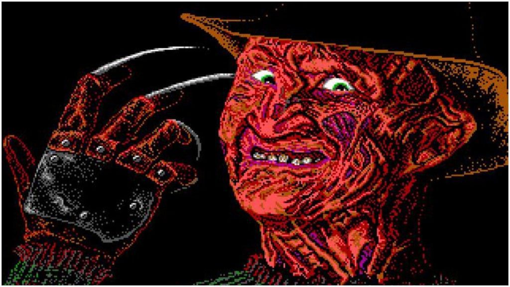A minimalist 8-bit rendering of slasher icon Freddy Krueger from the Nightmare on Elm Street game for NES. Freddy menaces the viewer, brandishing his signature razor-bladed glove and wearing his familiar brown fedora and dirty red and green striped sweater. His face is a mask of grotesque evil, with haunting white eyes and a sinister grimace as he lunges forward, blades glinting. Though rendered in simple blocky pixels, the image captures all the menace and madness of the dream demon who haunted the 1980s. A digital embodiment of the era's greatest cinema psychopath and the nightmares of youth, when Freddy felt like a threat lurking outside our peripheral vision beyond the flickering console screen. An icon of retro gaming and horror nostalgia eternally poised to slash into our memories. Beware - in 8 bits, anyone can have nightmares.