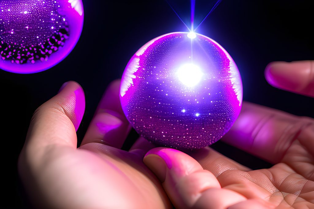 A pair of glowing human hands cupping a crystalline ball emitting soft violet light, representing psychic energy and clairvoyance, detailed digital painting with dramatic lighting