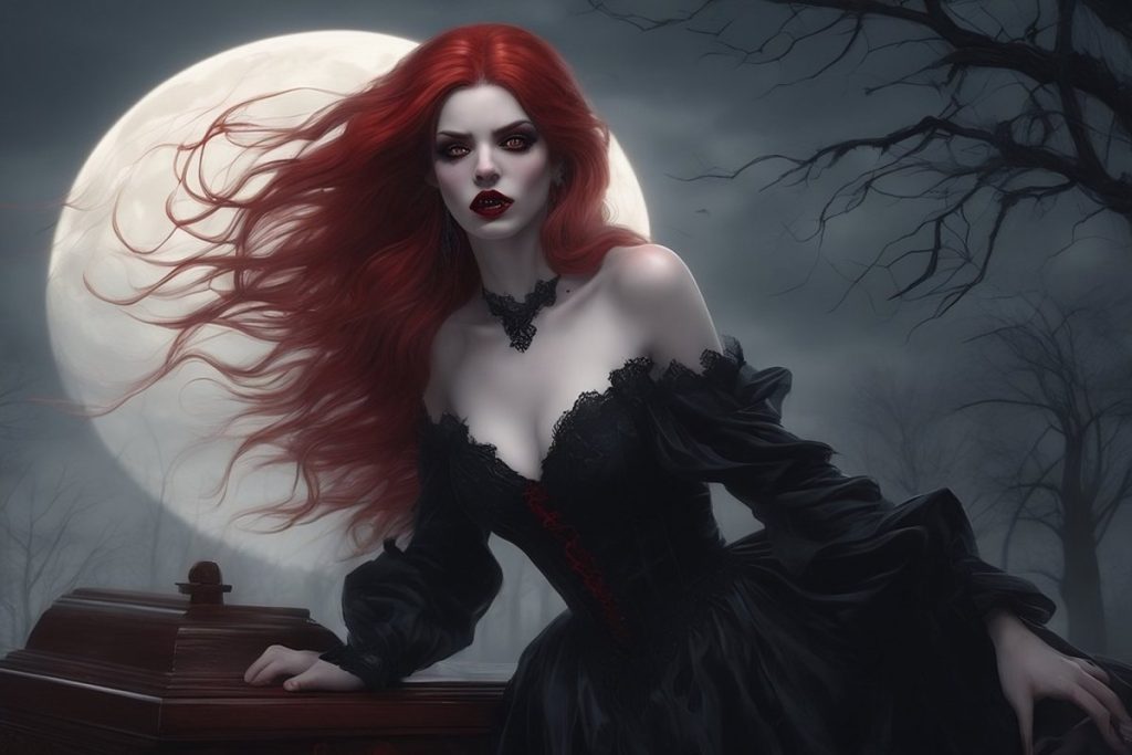 Vampire red hair female rising from coffin
