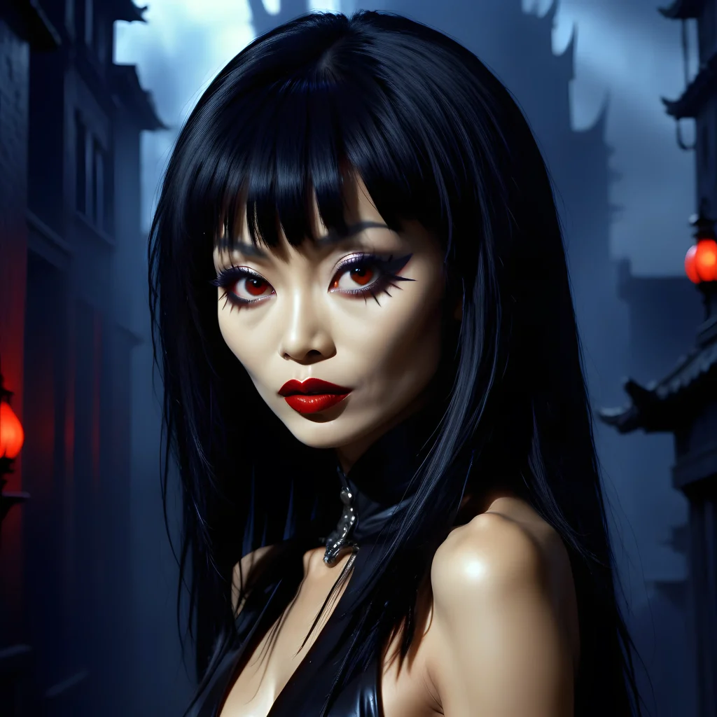 Bai Ling embodies the dark mystique of Myca through costume, makeup and pose