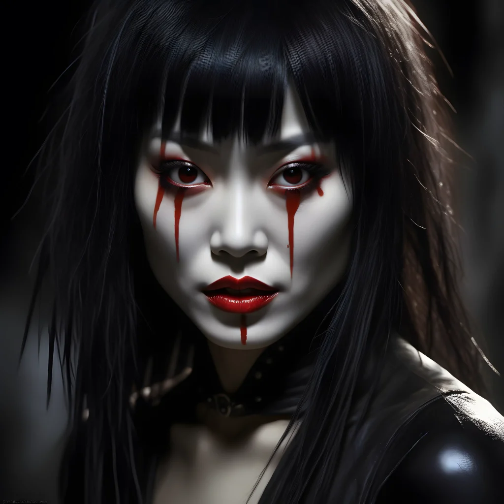 Gothic character Myca from The Crow portrayed by actress Bai Ling, sinister gaze at camera