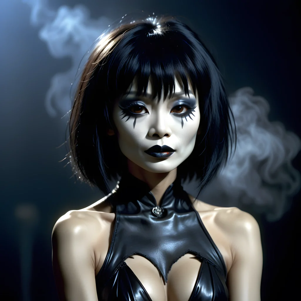 Bai Ling as the villain Myca, pale white face with black lipstick and eye makeup