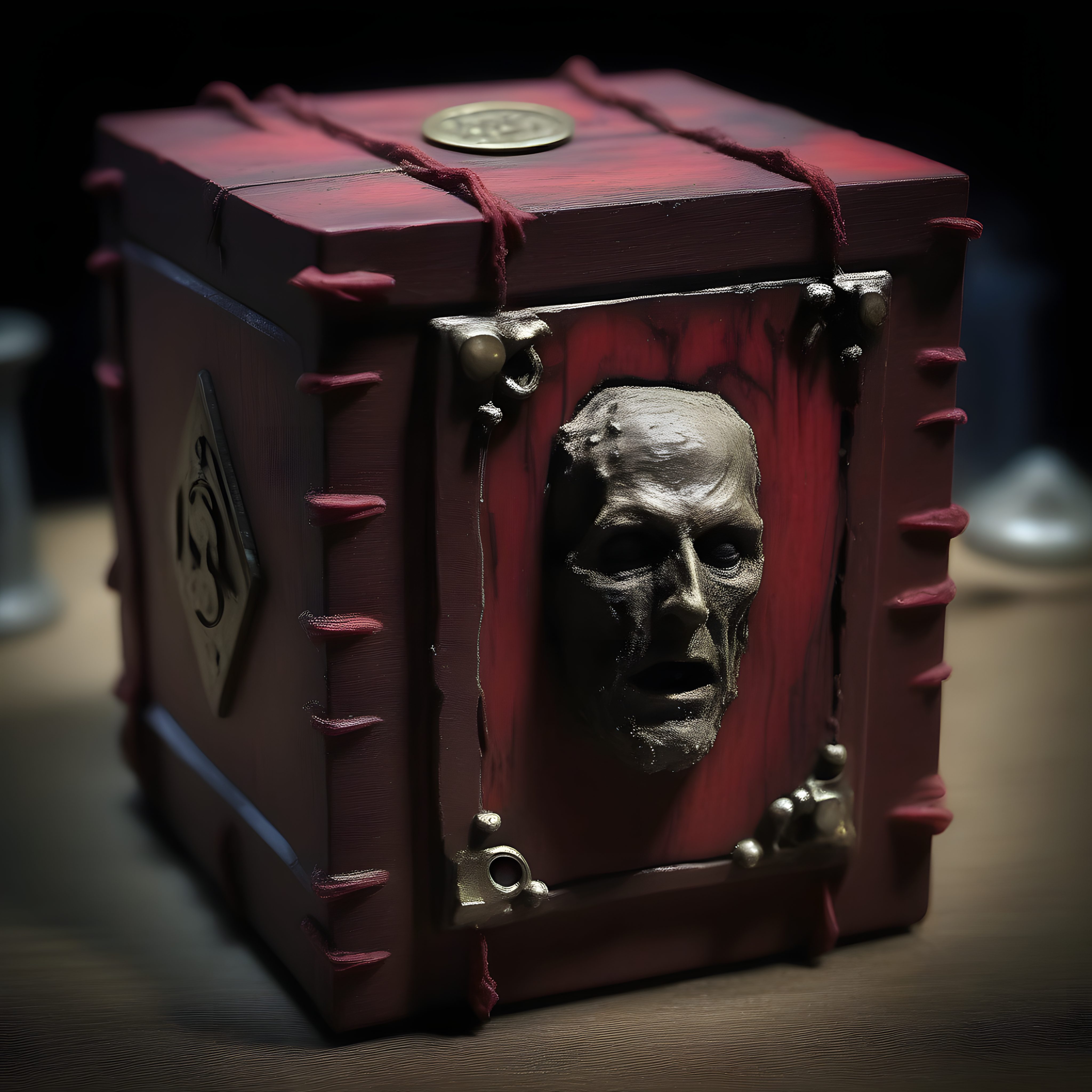 A haunted Dybbuk Box with a face on the box