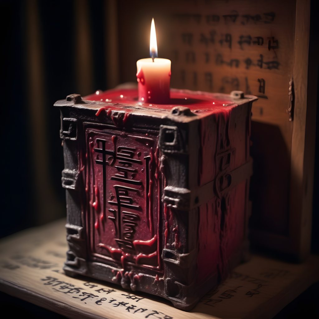 A red waxed Dybbuk Box with candle burning