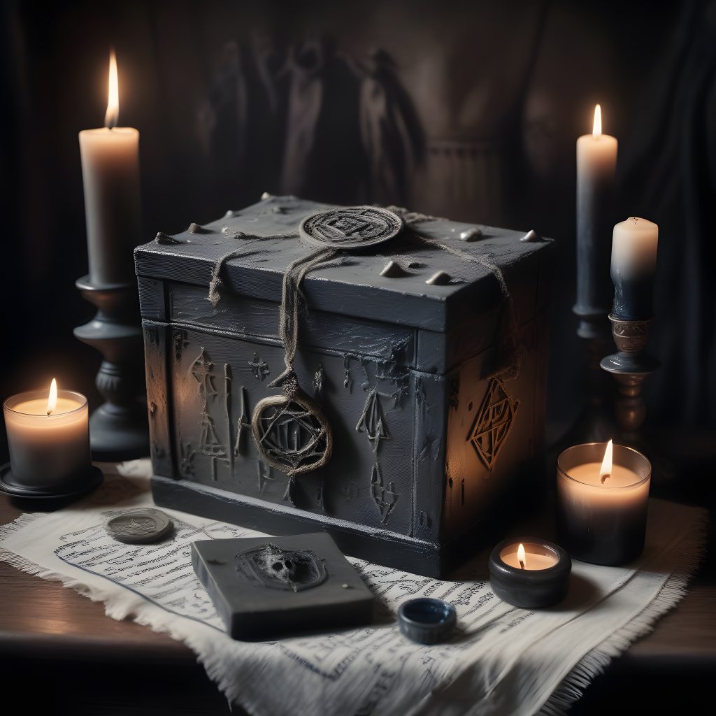 Occult Dybbuk Box with black candles and enchants