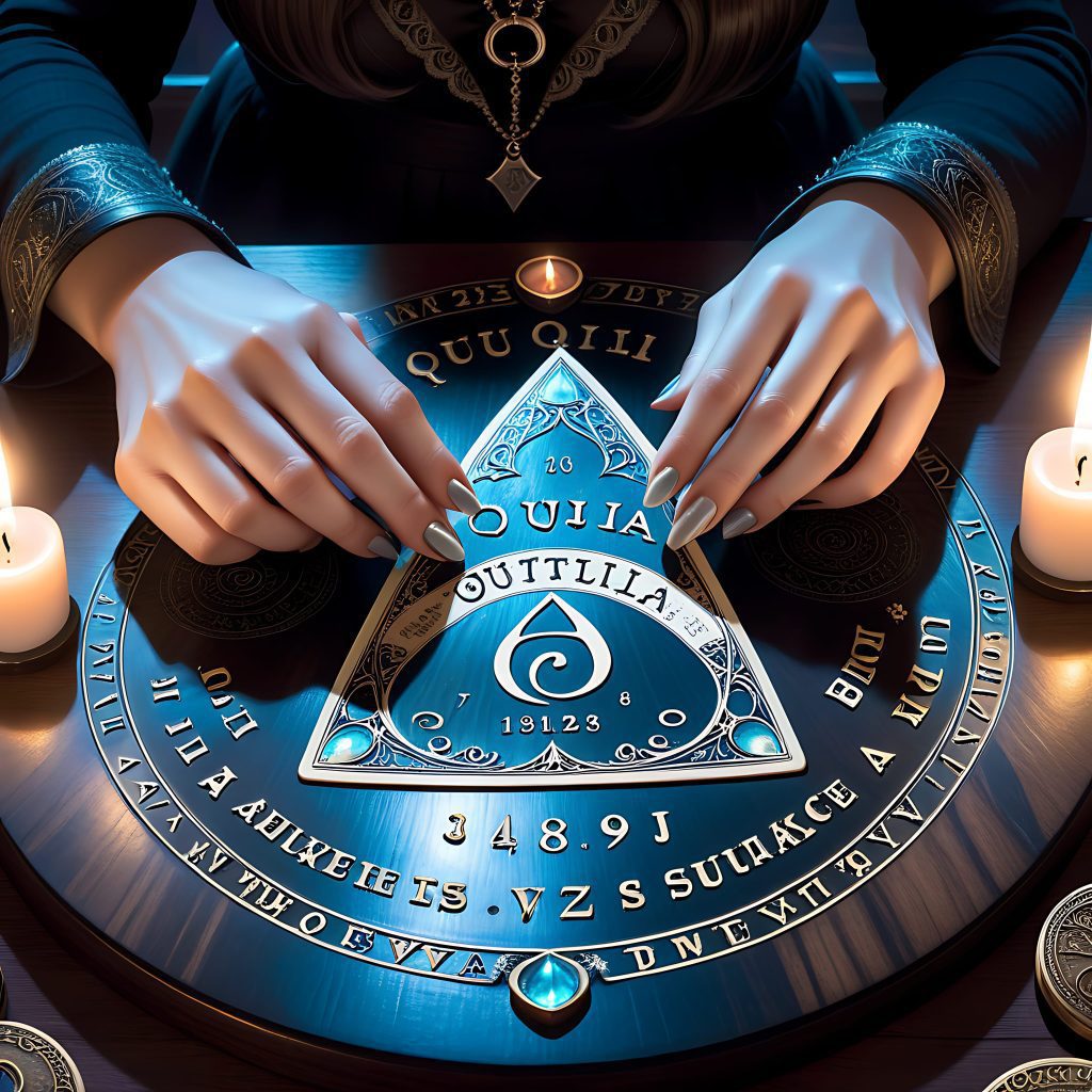 a blue light glowing on a Ouija Board