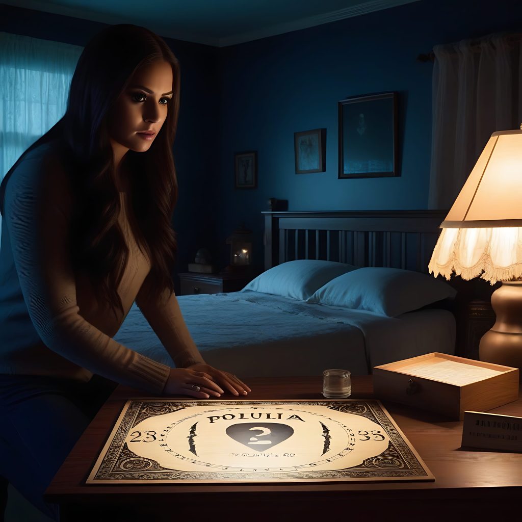 Ouija Board being used in a darkly room