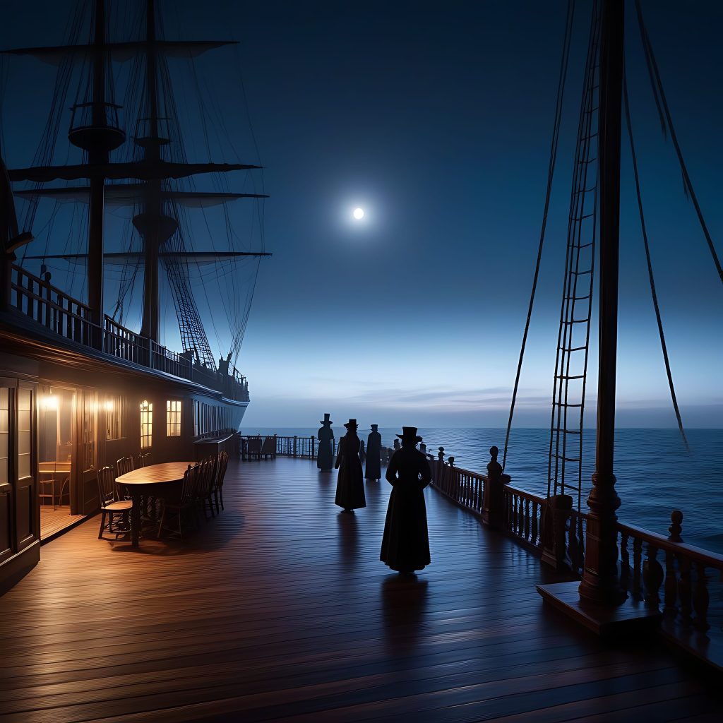 Eerie depiction of the empty deck of the Mary Celeste with sails half-raised.