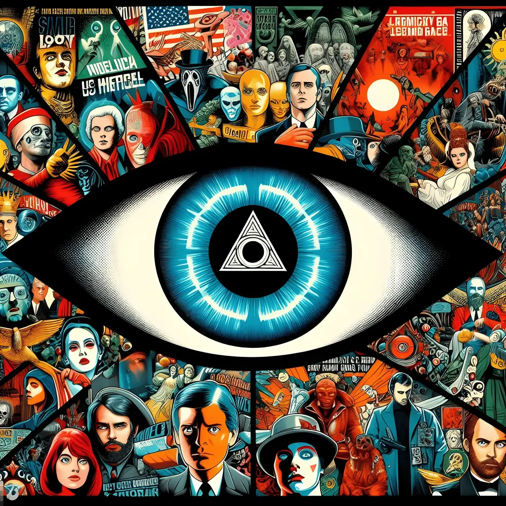 Cultural montage depicting the influence of secret organizations in movies and literature