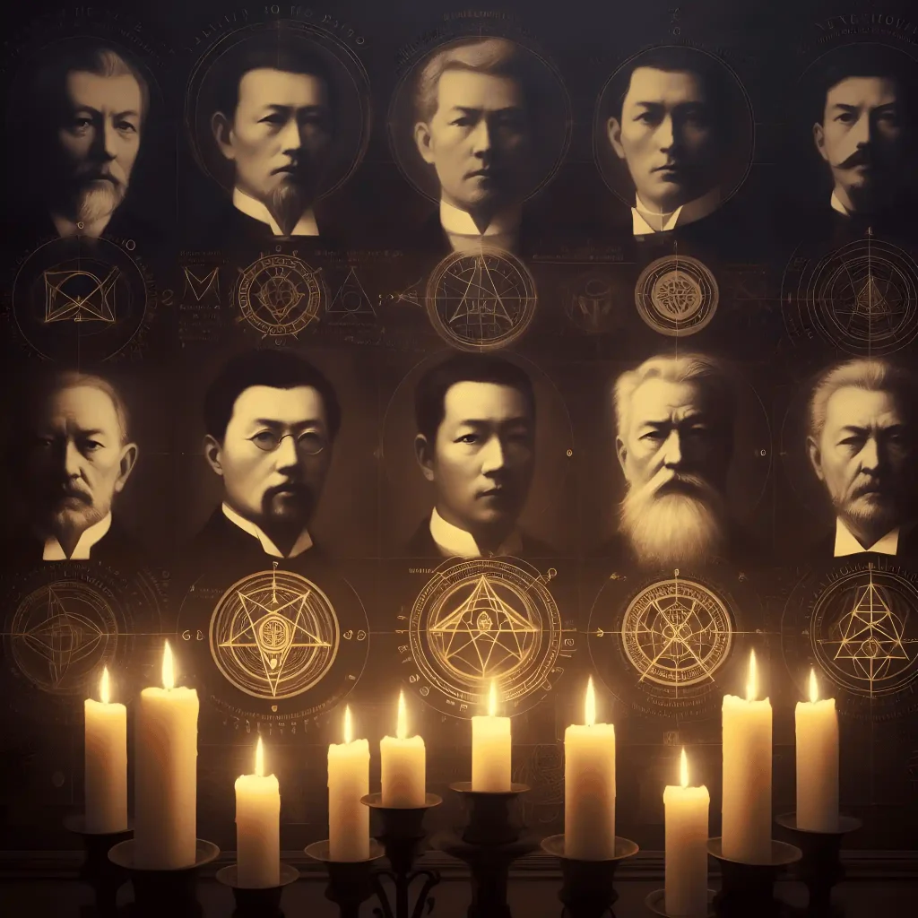 Portraits of influential members within occult societies with symbolic esoteric imagery