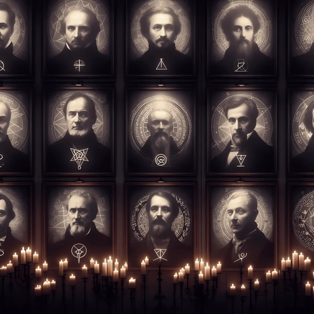 Portraits of influential members within occult societies with symbolic esoteric imagery