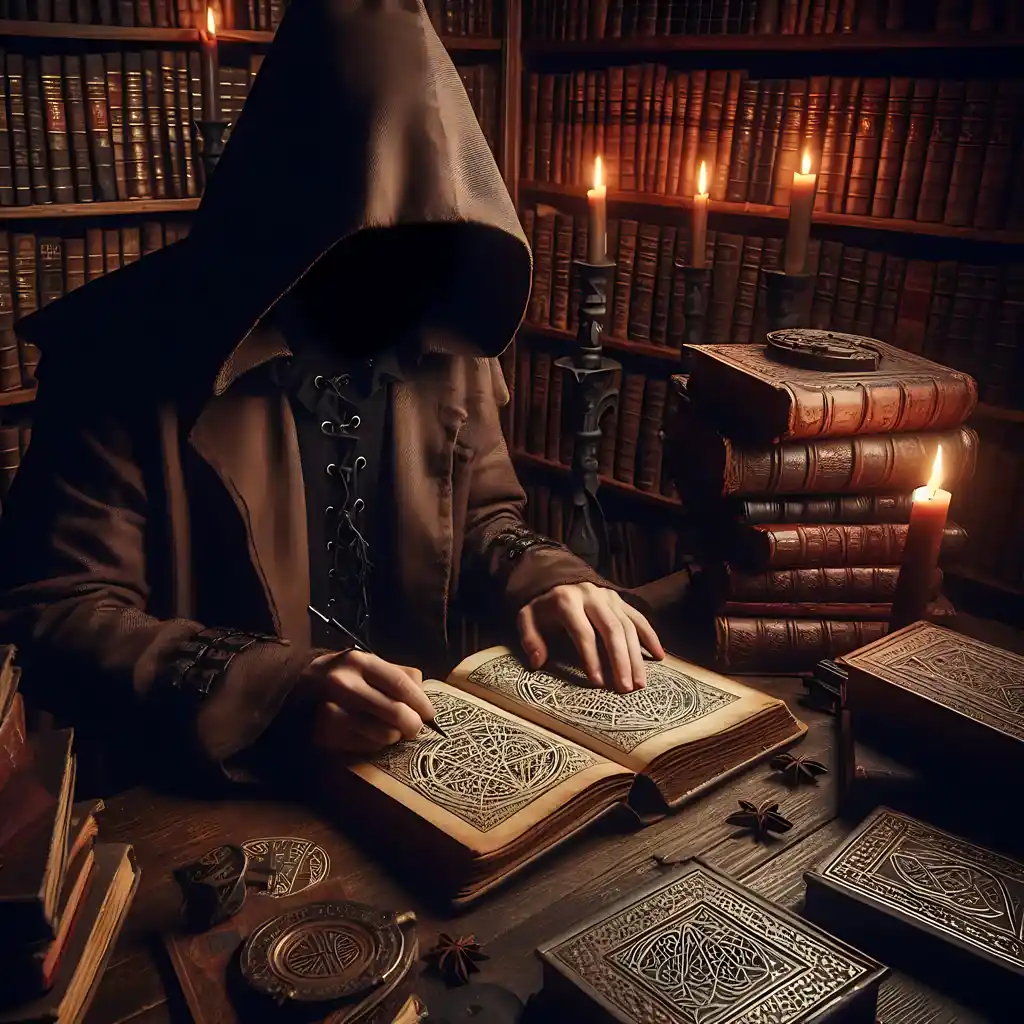 A shadowy figure writing on the Necronomicon