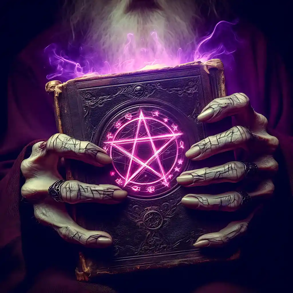 The Necronomicon glowing purple being used for spellcraft