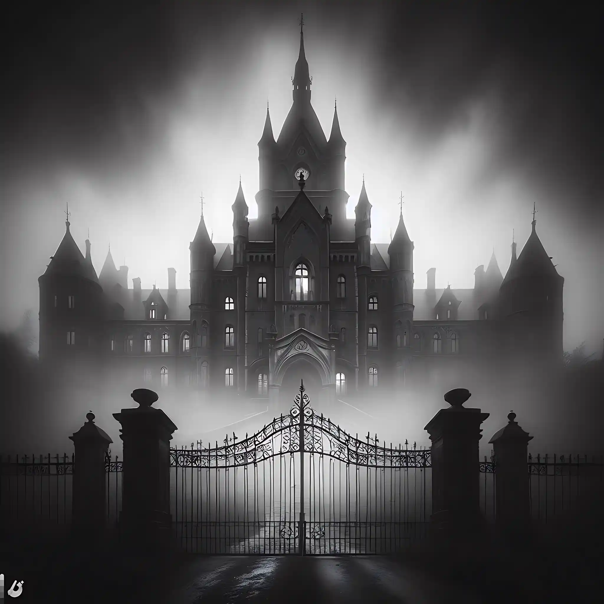 Creepy gothic asylum at twilight with foreboding open gates, embodying haunted asylums