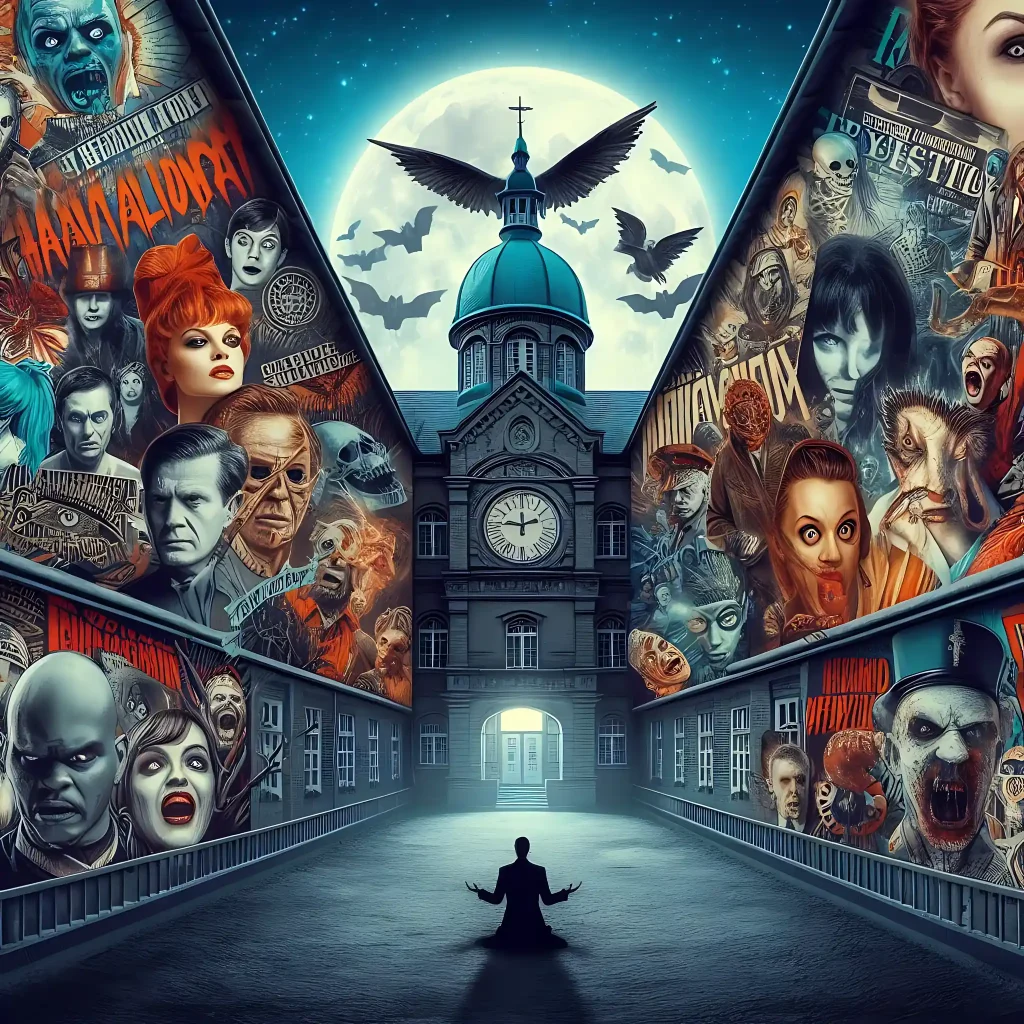 Collage of haunted asylum-inspired horror media, including films, books, and TV shows, reflecting their cultural impact