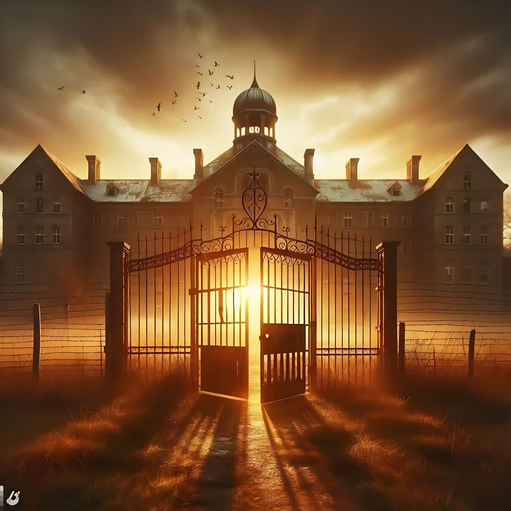 Sunset over an old asylum's locked iron gate, inviting readers to share stories of haunted asylum visits