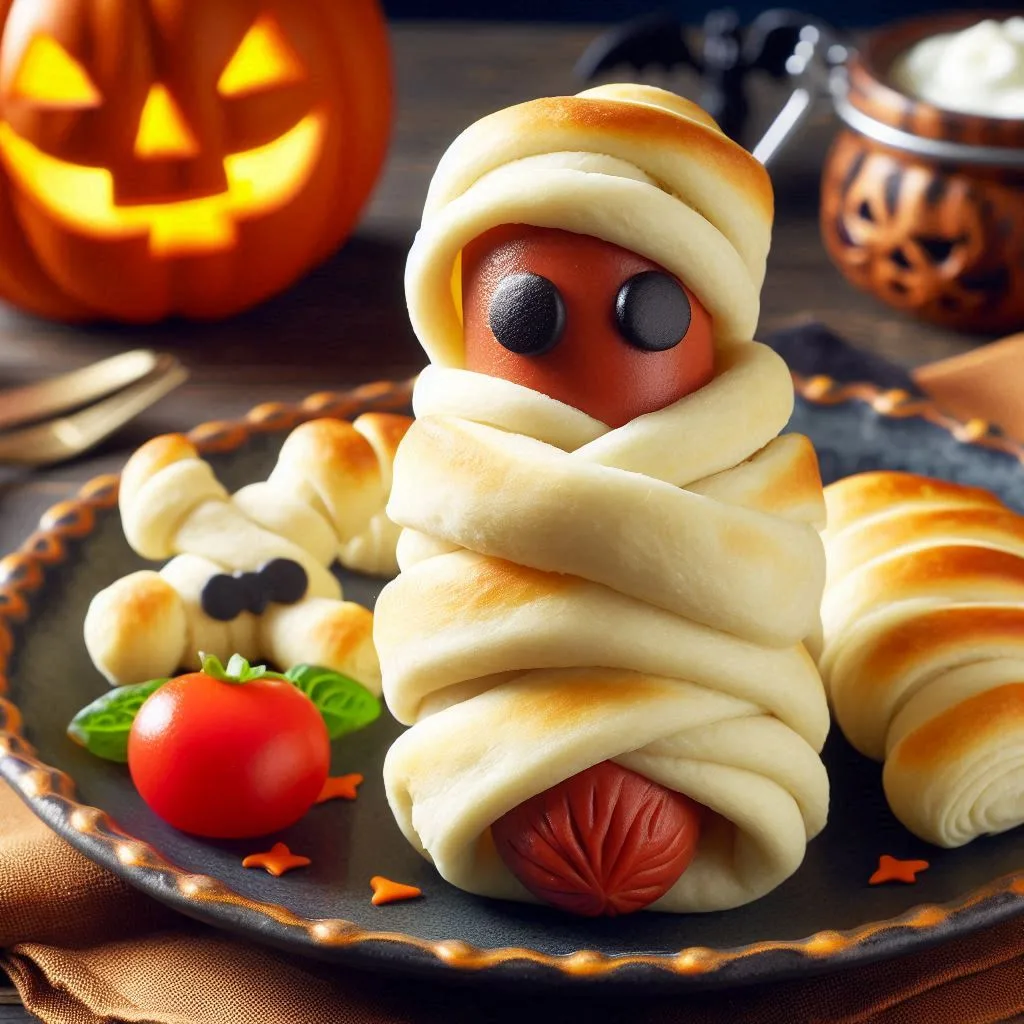 A 'mummy dog' hot dog wrapped in crescent roll dough, on a haunted-themed plate