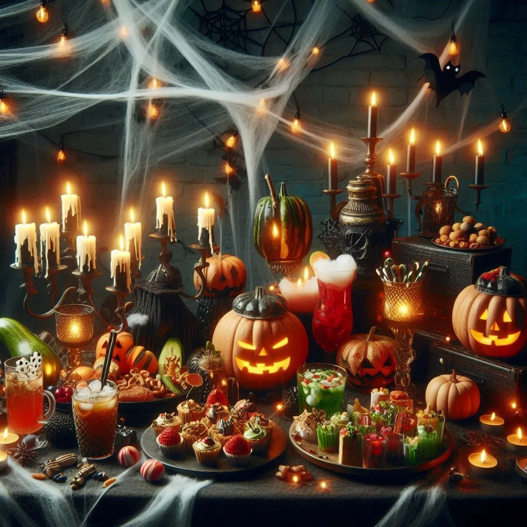 A spooky buffet table with creepy snacks and drinks, lit by candles and decorated with cobwebs.