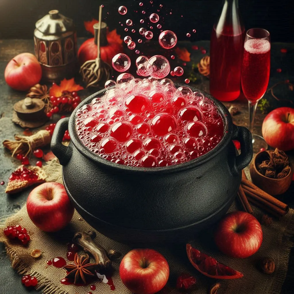 A witch's cauldron filled with bubbling 'blood-red' punch.