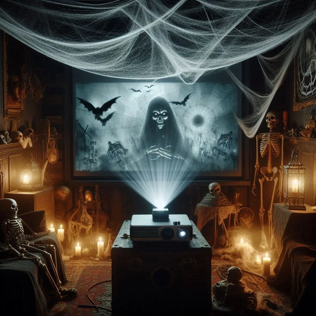 A dimly lit, eerie home theater with a projector casting a haunting scene on a screen surrounded by cobwebs, skeletons, and creepy artifacts.