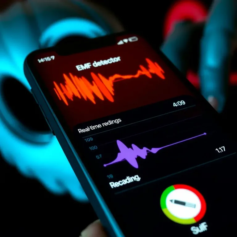 Hand holding a professional EMF reader with a backlit screen in a dark room.