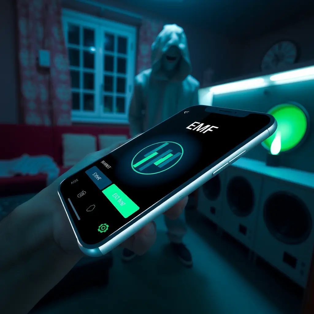 Close-up of an EMF detector app on a smartphone screen used for ghost hunting.