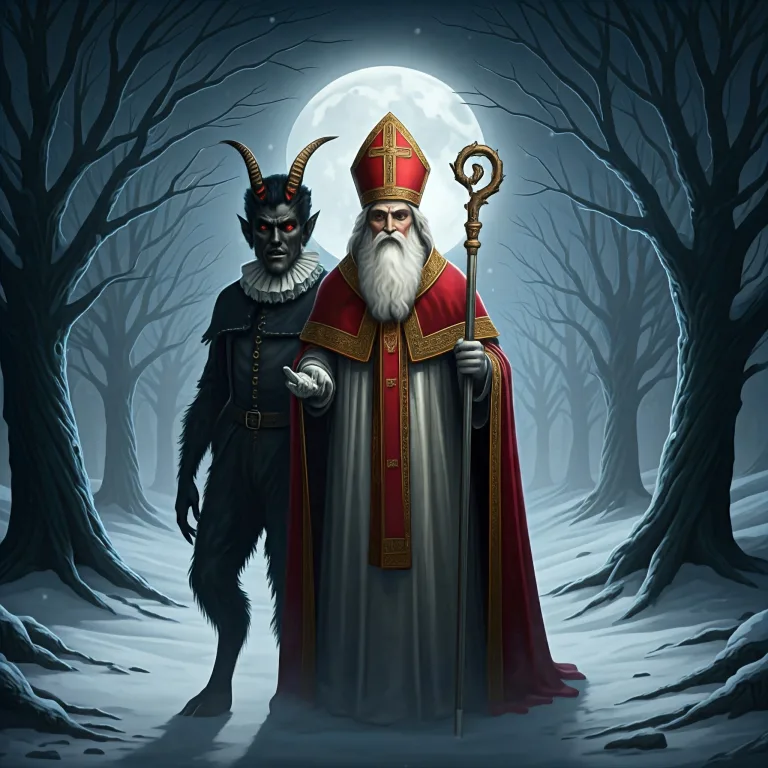 Saint Nicholas standing alongside Krampus